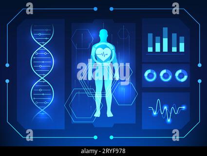 Medizinische Technologie scannt den menschlichen Körper zusammen mit DNA und Grafiken zeigen medizinische Technologie, die den menschlichen Körper scannt, um Krankheiten zu diagnostizieren und zu behandeln Stock Vektor