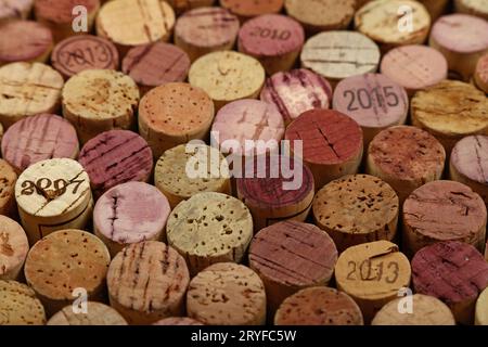 Nahaufnahme Hintergrund der verwendeten Weinkorken Stockfoto