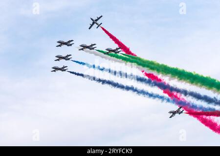 ABU DHABI, VAE - 02. DEZEMBER 2018: Al Fursan Kunstflugteam macht Stunts am Himmel in Abu Dhabi, VAE Stockfoto