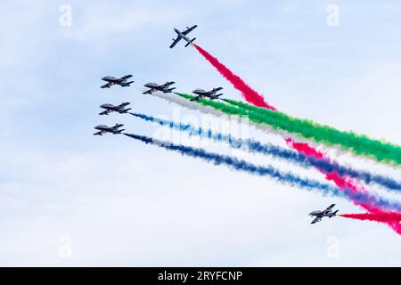 ABU DHABI, VAE - 02. DEZEMBER 2018: Al Fursan Kunstflugteam macht Stunts am Himmel in Abu Dhabi, VAE Stockfoto