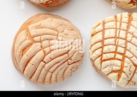 Schokolade Hausgemachte Mexikanische Conchas. Ein traditionelles mexikanisches süßes Brötchen. Die runde Form und die gestreifte, Muschel-ähnliche Erscheinung Stockfoto