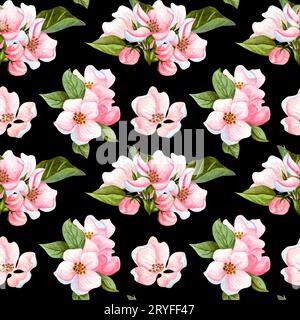 Aquarell nahtloses Muster aus Kirschblüten und Blättern. Florales, wiederholtes Muster mit handgezeichneter Apfelblütenverzweigung. Stockfoto