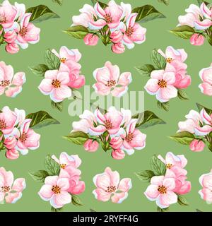 Aquarell nahtloses Muster aus Kirschblüten und Blättern. Florales, wiederholtes Muster mit handgezeichneter Apfelblütenverzweigung. Stockfoto