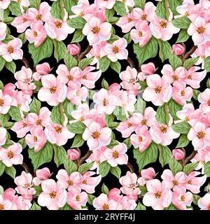 Aquarell nahtloses Muster aus Kirschblüten und Blättern. Florales, wiederholtes Muster mit handgezeichneter Apfelblütenverzweigung. Stockfoto