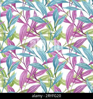Nahtloses Blumenmuster. Verlässt den Stoffhintergrund. Große abstrakte Blumenzweige mit farbigen Blättern, handgezeichnet mit Aquarell. Stockfoto