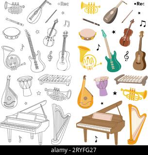Musikinstrumente für die Gestaltung von Musikschulen. Tuba, Trompete, Trommelflöte, Horn, Laute, Violine, E-Bass, Akustikgitarre. Stock Vektor