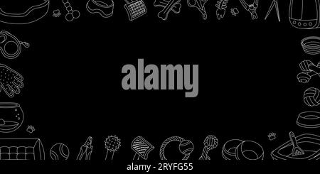 Horizontales Banner für PET-Verbrauchsmaterial. Tierzubehör. Schlafkissen, Kauspielzeug, Medaille, Schere, Nagelschere, Bürste, Fellentferner, Aquarium Stock Vektor