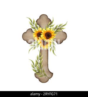 Blumenkreuz der Sonnenblume. Ostern Illustration. Hochzeitskreuz In Aquarellfarben Stockfoto