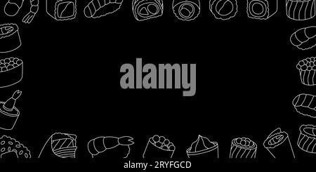 Sushi rollt horizontales Umrissbanner. Tobiko Maki, philadelphia Roll, Onigiri, Garnelen-Nigiri, Tekkamaki-Thunfisch-Rolle, Futomaki, Sake-Temaki, Soja-Schüssel Stock Vektor