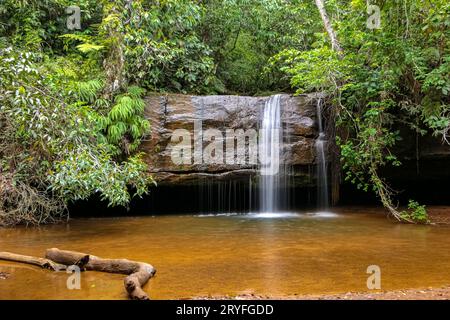 Kleiner Wasserfall über einem Felsen in üppiger Vegetation, Chapada dos GuimarÃ£es, Mato Grosso, Brasilien Stockfoto