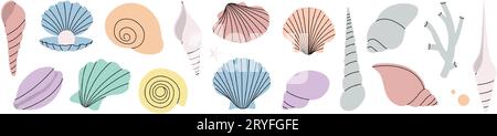 Muschelset mit Muscheln. Süßwasseralgen, Korallen, Seesterne, Weichtiere, Jakobsmuscheln, Perlen. Vektorillustration. Stock Vektor