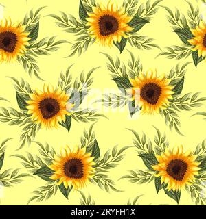 Nahtloses Muster mit Sonnenblumen auf gelbem Hintergrund. Kollektion mit dekorativen Blumenmustern. Blumen, Knospen und Blätter h Stockfoto