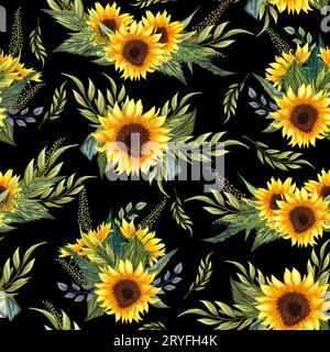 Nahtloses Muster mit Sonnenblumen auf schwarzem Hintergrund. Kollektion mit dekorativen Blumenmustern. Blumen, Knospen und Blätter ha Stockfoto