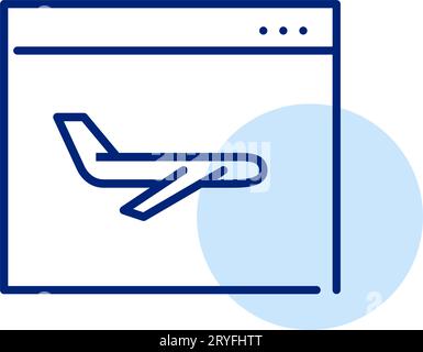 Flugzeug im Browser. Tickets auf der Website der Fluggesellschaft kaufen. Symbol für perfekte Pixel Stock Vektor
