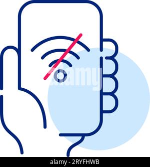 Hand hält ein Smartphone. Kein Internetsignal. Symbol für durchgestrichene WLAN-Wellen. Symbol für perfekte Pixel Stock Vektor
