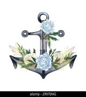 Aquarell handgezeichnet nautische, Marine, florale Illustration mit Anker, Seil und Blumenstrauß Arrangement Stockfoto