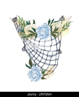 Aquarell handgezeichnet nautische, Marine, florale Illustration mit Fischernetz, Seil und Blumenstrauß Arrangement Stockfoto