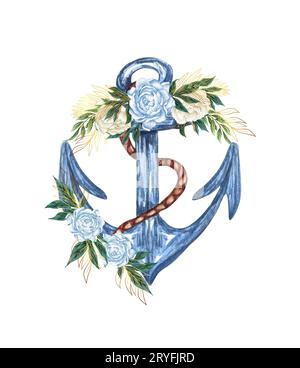 Aquarell handgezeichnet nautische, Marine, florale Illustration mit Anker, Seil und Blumenstrauß Arrangement Stockfoto