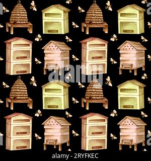 Nahtloses Honig-Muster mit Bienen- und Bienenhäusern. Handgezeichneter Repeten-Hintergrund mit Honigbienen auf Schwarz. Stockfoto