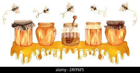 Honigbanner in Aquarellfarben mit Honigtöpfen, Gläsern und Flieng-Bienen. Handgezeichnete organische Illustration. Stockfoto