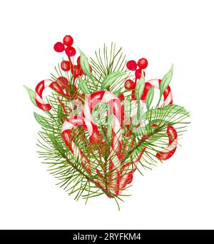 Aquarellweihnachtsbouque mit grünen Winterblättern, Zweigen, Beeren, Eukalyptus. Winter Illustration für Hochzeit, Geschäft c Stockfoto