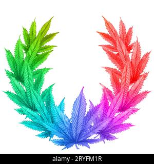 Wasserfarben-Regenbogen-Cannabis-Rahmen. Handgezeichneter wilder Hanfpflanzenkranz für Grußkarte, Logo, Rahmen oder Rand Stockfoto