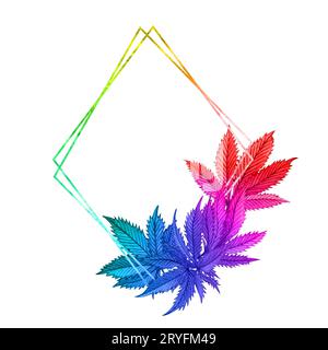 Wasserfarben-Regenbogen-Cannabis-Rahmen. Handgezeichneter wilder Hanfpflanzenkranz für Grußkarte, Logo, Rahmen oder Rand Stockfoto