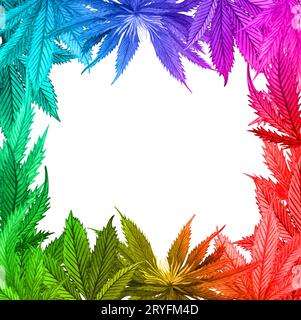 Wasserfarben-Regenbogen-Cannabis-Rahmen. Handgezeichneter wilder Hanfpflanzenkranz für Grußkarte, Logo, Rahmen oder Rand Stockfoto