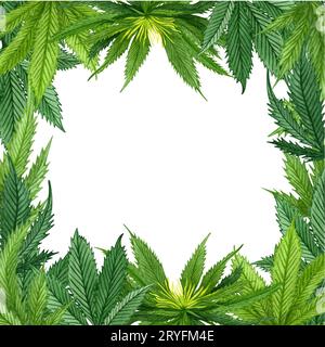 Aquarell Cannabis Rahmen. Handgezeichnete Wildhanf-Pflanze Grenze für Grußkarte, Logo, Rahmen oder Grenze. Stockfoto