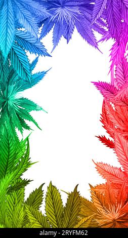 Wasserfarben-Regenbogen-Cannabis-Rahmen. Handgezeichneter wilder Hanfpflanzenkranz für Grußkarte, Logo, Rahmen oder Rand Stockfoto