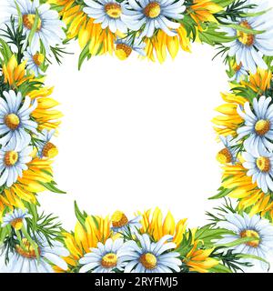 Blumenkranz in Aquarellfarben mit Sonnenblumen, Kamillen, Blättern, Laub, Zweigen, Farnblättern und Platz für Ihren Text. Perfekt für Stockfoto