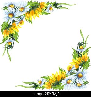 Blumenkranz in Aquarellfarben mit Sonnenblumen, Kamillen, Blättern, Laub, Zweigen, Farnblättern und Platz für Ihren Text. Perfekt für Stockfoto