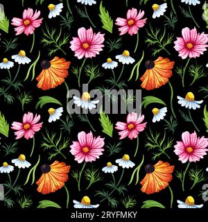 Illustration von Wildblumen mit Aquarell. Handgezeichnetes nahtloses Muster mit Kosmos- und Kamillenblüten Stockfoto
