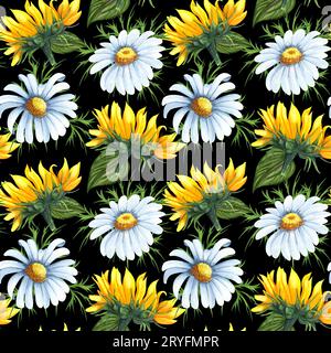 Nahtloses Aquarellmuster mit Sonnenblumen und Kamillenblüten. Handgezeichnet mit Wildblumen, perfekt zum Dekorieren Stockfoto