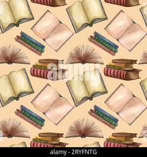 Vintage-Bücher mit Aquarellen, offenes Buch und Illustrationen mit Tintenstiften. Seltene Elemente, handgezeichnetes nahtloses Muster Stockfoto