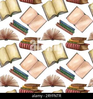 Vintage-Bücher mit Aquarellen, offenes Buch und Illustrationen mit Tintenstiften. Seltene Elemente, handgezeichnetes nahtloses Muster Stockfoto