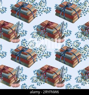 Vintage-Bücher mit Aquarellen, offenes Buch und Illustrationen mit Tintenstiften. Seltene Elemente, handgezeichnetes nahtloses Muster Stockfoto