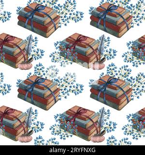 Vintage-Bücher mit Aquarellen, offenes Buch und Illustrationen mit Tintenstiften. Seltene Elemente, handgezeichnetes nahtloses Muster Stockfoto