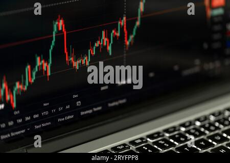 Trading Chart wird auf dem Bildschirm des Laptops angezeigt. Aktienmarkt, Trendlinie in Candlestick-Form. Stockfoto