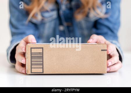 Frau, die in Händen hielt, lieferte Waren in Pappkarton. Ansprechendes Design mit Kopierraum. Stockfoto