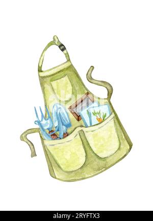Aquarell-Illustration des Gartens mit Werkzeugen darin. Handgezeichnete Schutzuniformen, isoliert auf weißem Hintergrund. Gartenarbeit Stockfoto