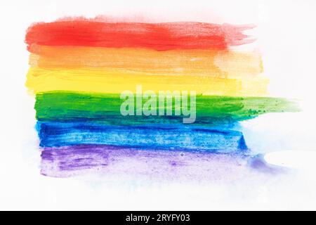 Regenbogen Stolz Flagge handbemalt mit Aquarellen isoliert auf weißem Leinenpapier. Hintergrund der LGBT-Regenbogenflagge Stockfoto