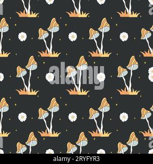 Nahtloses Muster mit groovenden Pilzen. Abstrakte Vintage-Agarie. Hippie-Vektor-Illustration im flachen Cartoon-Stil. Psychedelischer Hintergrund Stock Vektor