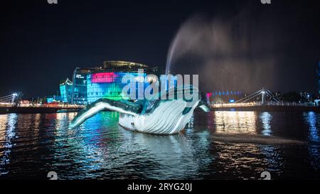 Sebitseom Seoul schwimmende Inseln erleuchteten am 30. September 2023 im Han-Fluss in Seoul, Südkorea Stockfoto