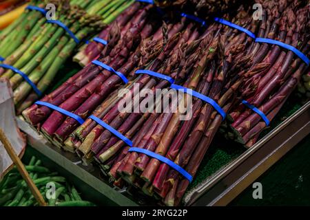 Nahaufnahme von frischen, lokal angebauten lilafarbenen Spargeln zum Verkauf auf dem Pike Place Market in Seattle, Washington Stockfoto