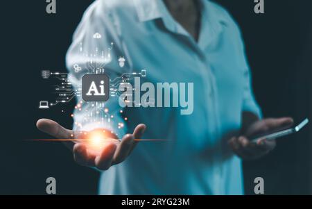 KI-Assistent, Business-Show virtuelle grafische digitale Internet-Verbindung Chatbot Chat mit KI, Künstliche Intelligenz. Verwenden der Eingabeaufforderung für Generates Stockfoto