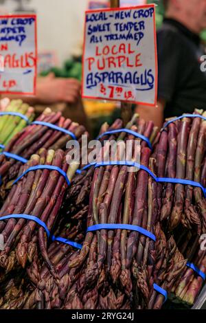 Nahaufnahme von frischen, lokal angebauten lilafarbenen Spargeln zum Verkauf auf dem Pike Place Market in Seattle, Washington Stockfoto