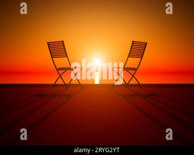 Zwei Liegen in den Sonnenstrahlen des Sonnenuntergangs. Stockfoto