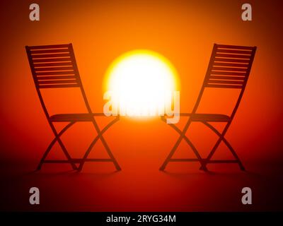 Zwei Liegen in den Sonnenstrahlen des Sonnenuntergangs. Stockfoto