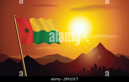 Guinea-Bissau-Flagge mit Sonnenuntergang Hintergrund von Bergen und Seen Stock Vektor